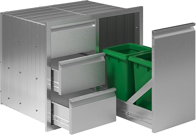 Jocisland Outdoor Kitchen Drawers 28" W×23" D×23" H Stainless Steel Drawers for Outdoor Kitchens, Single Door Trash Drawer & 3-Drawer Cabinet, Built-in BBQ Island Storage