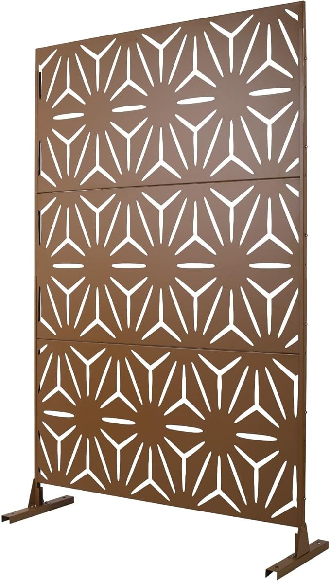 Outdoor Privacy Screen, 76" H x 48" W Decorative Metal Panel, Steel Privacy Divider with Freestanding Base, Ideal for Garden, Patio, or Balcony, Brown