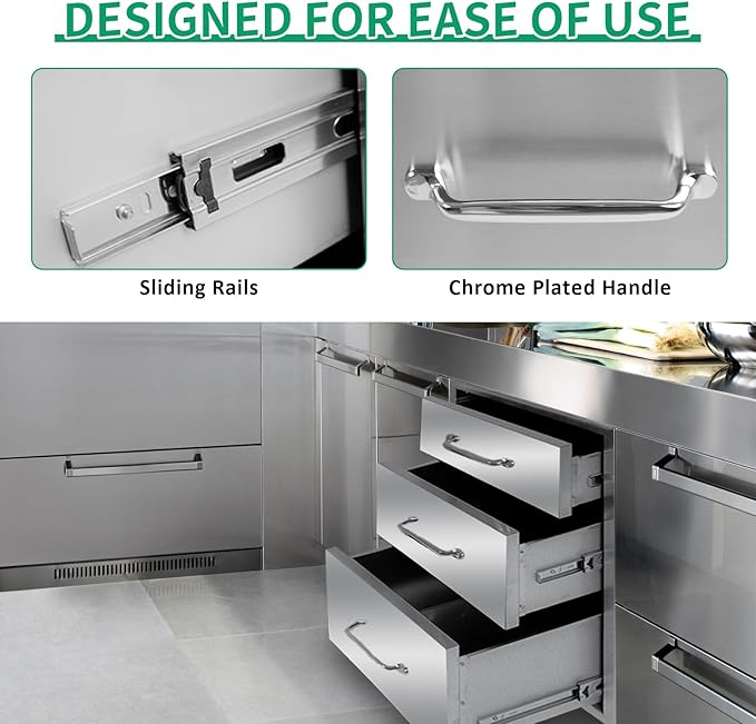 Outdoor Kitchen Drawers 14" W x 21" H x 23" D Stainless Steel Triple Drawers with Ergonomic Handle for BBQ Island, Patio Grill Station & Outdoor Kitchen Cabinets