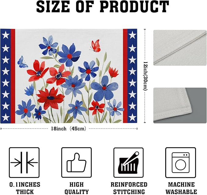 Giwawa 4th of July Placemats Set of 4 Watercolor Patriotic Flowers Stars Table Mats 12x18 Inch Independence Day Floral Heat Resistant Washable Linen Place Mat for Kitchen Dining Party Decor