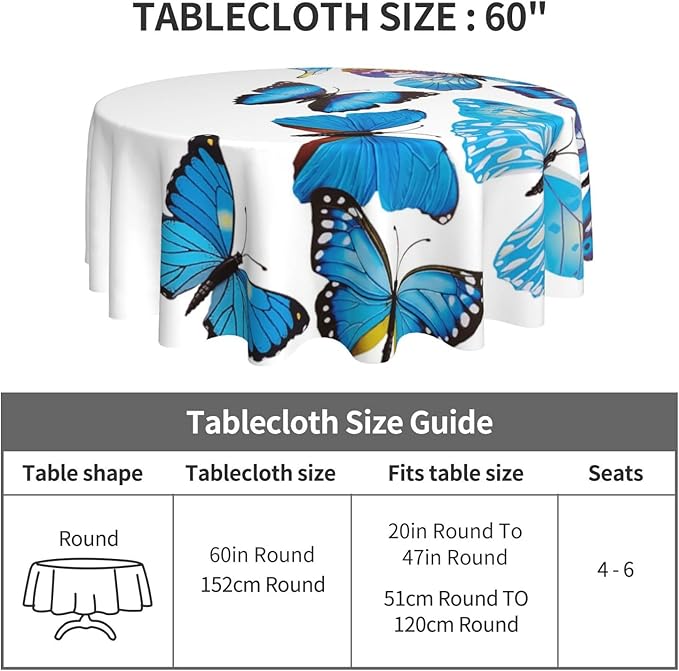 Bule Butterfly Round Tablecloth Beautiful - Butterfly Bule Tablecloth 60 Inch Waterproof Rustic Table Cloth Fabric Farmhouse Stripe Decorative for Picnic Party Holiday Home Indoor Outdoor