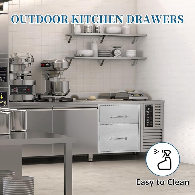 Outdoor Kitchen Drawers 14"Wx21"Hx21"D Flush Mount Access 2-Drawer BBQ Stainless Steel Drawers with Handle for Outdoor Kitchen Island or Grill Station