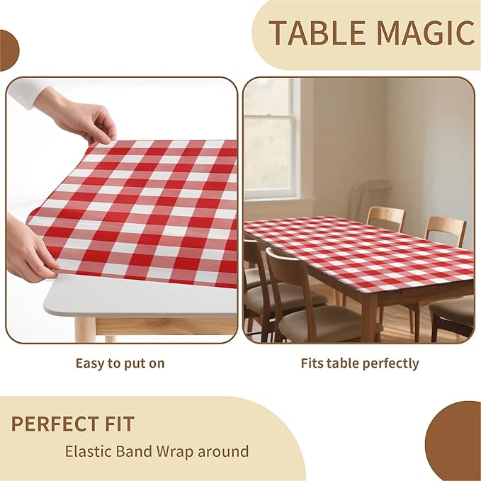 Rectangle Table Cloth Cover Waterproof Elastic Fitted Polyester Fitted Tablecloths for 6 Foot Tables for Indoor,Picnic, Camping, Outdoor （72" x 30"，Red Grid）