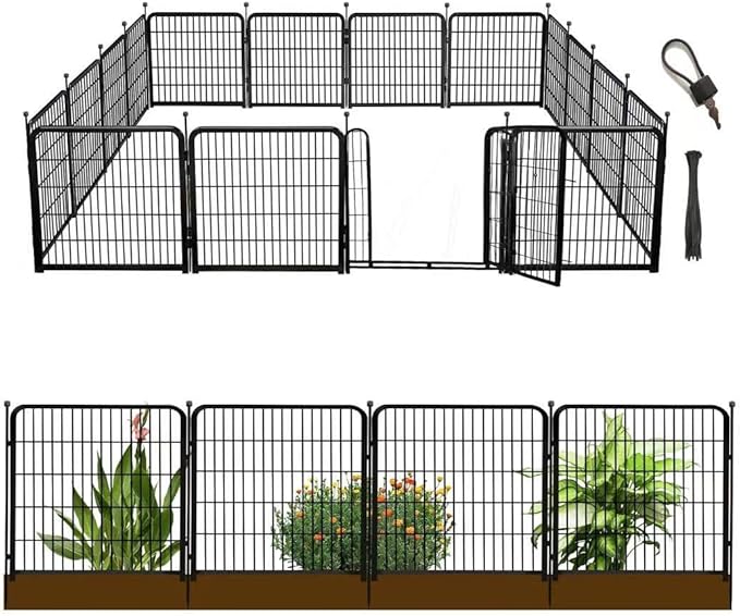 Garden Fences with Gate, 32 in(H)×27 in(L) 16 Panels Total 35.4 Ft(L), Garden Animal Barrier, Fence for Dogs Outside, Heavy Duty Iron Metal Animal Barrier Fence, Flower Bed Fencing