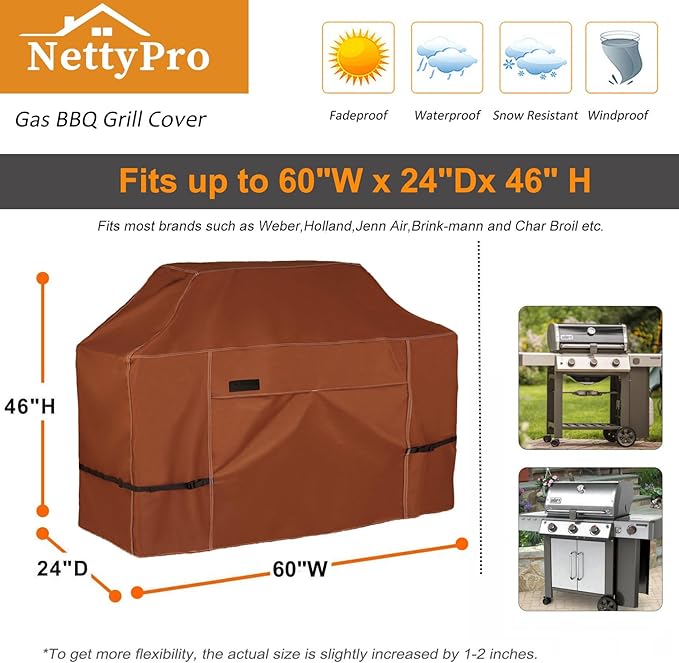 NettyPro Grill Cover for Outdoor Grill 60 inch Waterproof Heavy Duty Gas BBQ Cover for Outside Weber, Char-Broil, Brinkmann, Jenn Air, Nexgrill 3-4 Burners Barbecue, Brown