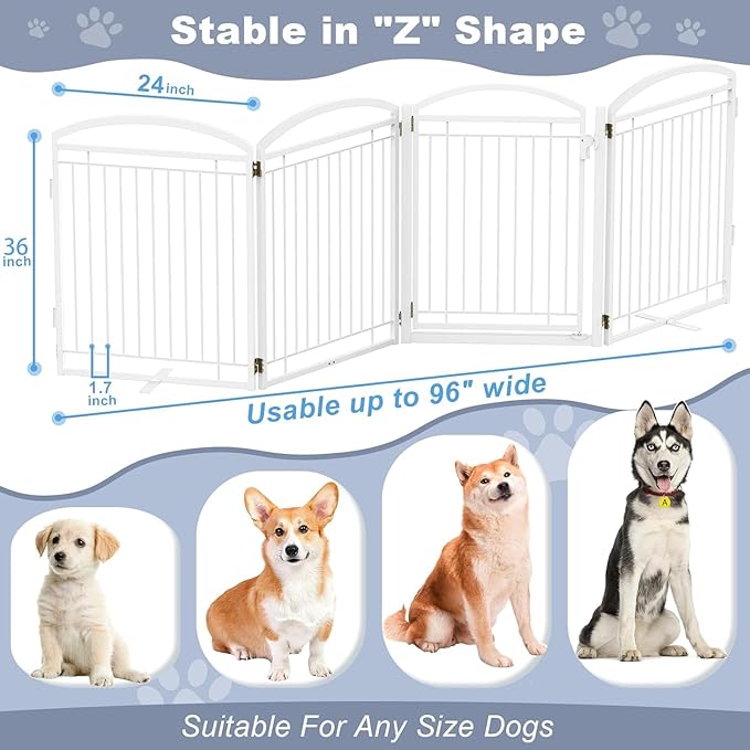 Full Metal Free Standing Dog Gate with Door for Outdoor Indoor,96'' Extra Wide 36'' Tall Dog Gates for Doorways,Large Openings,Decks,Porch,Freestanding Portable Pet Fence(4 Panels,White)