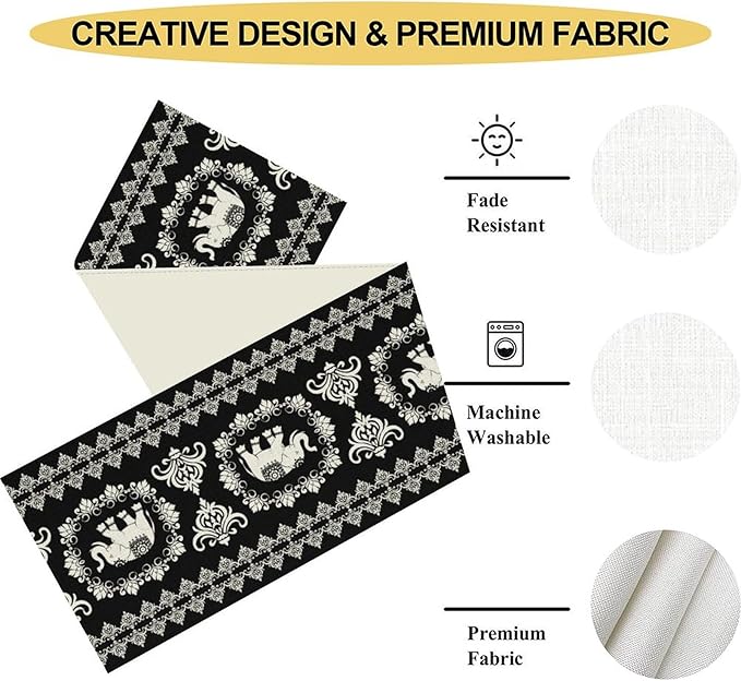 Boho Elephant Table Runner, Rustic Black African Tribe Animal Damask Diwali India Mandala Art Print Coffee Table Center Decor for Home Kitchen Holiday Party Outdoor Table Decorations, 13"x108"