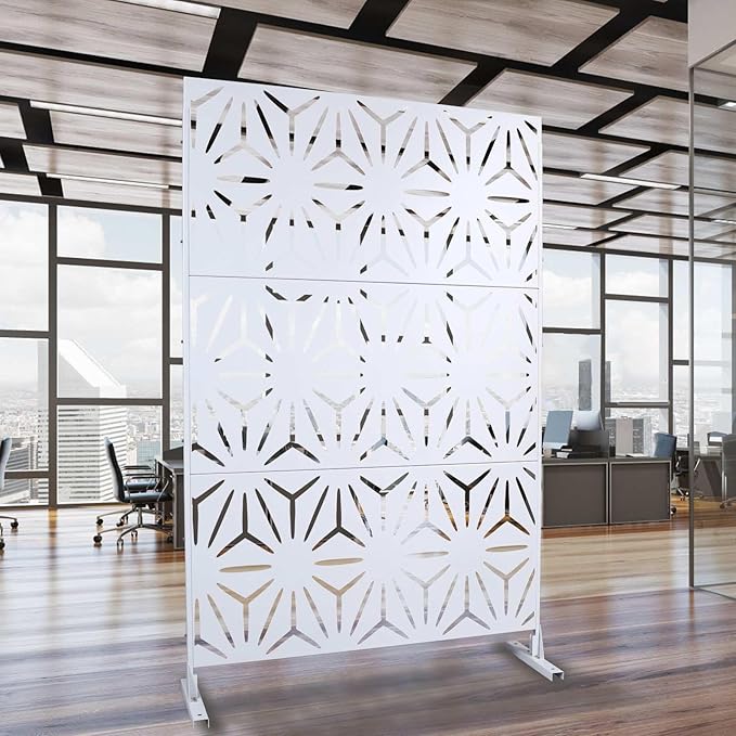 Outdoor Privacy Screen, 76" H x 48" W Decorative Metal Panel, Steel Privacy Divider with Freestanding Base, Ideal for Garden, Patio, or Balcony, White