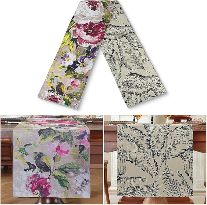 Double-Sided Table Runner - Reversible Oil Painting & Banana Leaf Design, Waterproof Linen Cotton for Dining Table Decor, Holiday Home Decoration（Red）