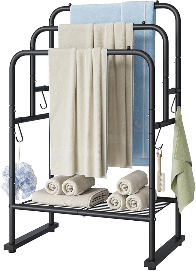 ELYKEN 40'' Tall Standing Towel Racks, 3 Tier Towel Drying Rack Outdoor, Pool Towel Stand Blanket Holder with Shelf & 4 Removable Hooks, Metal Freestanding Towel Racks for Bathroom, Matte Black