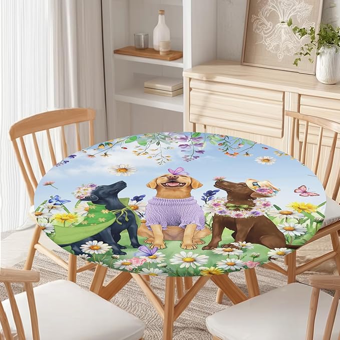 Spring Dogs Round Fitted Tablecloth with Elastic Colorful Floral Farmhouse Easter Circle Table Cloth for 48-52" Tables Wipeable Waterproof Outdoor Wildflowers Puppy Table Cover for Party Picnic Dining