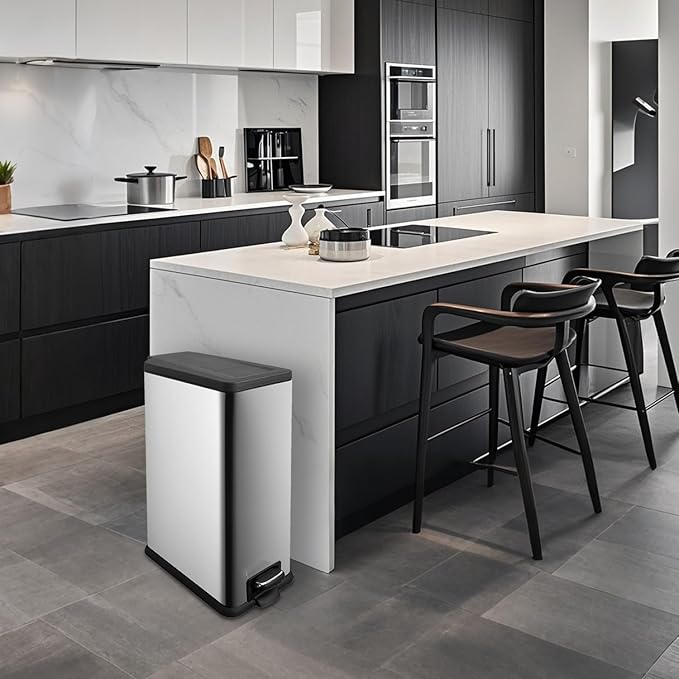 12 Gallon Trash Can with Lid，45L Kitchen Garbage Can,Stainless Steel Trash Can for Narrow Spaces with Soft-Close Lid, Inner Bucket, and Step-on Pedal