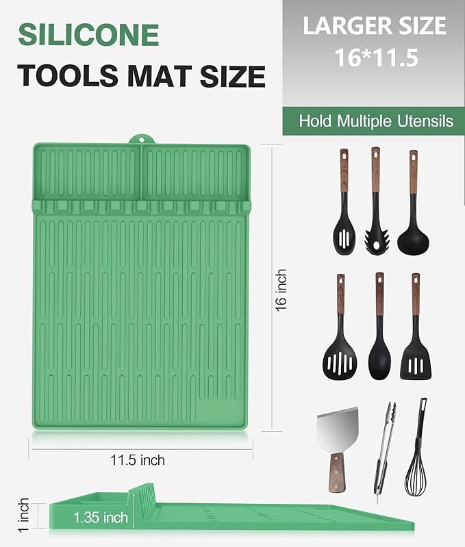 Silicone Griddle Tools Mat for Blackstone - Large Silicone Spatula Mat with Drip Pad - Griddle Mats BBQ Grill Accessories - Side Shelf Mats Grill Pad for Blackstone Griddles Accessories (Light Green)