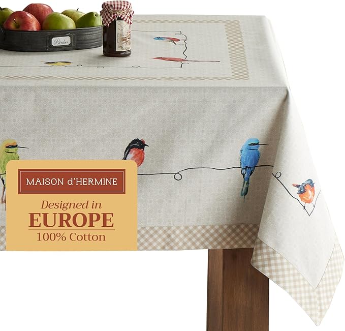 Maison d' Hermine Table Cloth Rectangle Table 100% Cotton 60 x 90 Inches Tablecloth Reusable Decorative for Dining Room, Farmhouse, Home, Party, Festive & Wedding Spring Summer - Birdies On Wire