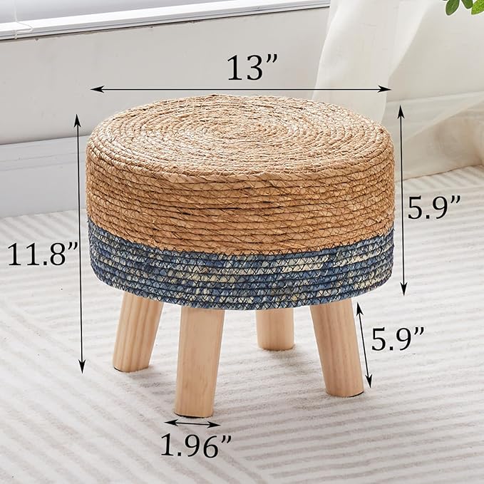 Wimarsbon Round Foot Stool Natural Seagrass Poufs Ottoman Hand Weave Footrest Stool for Couch Desk Extra Seat Step Stool with Solid Wood Legs for Hallway Patio Lounge Blue