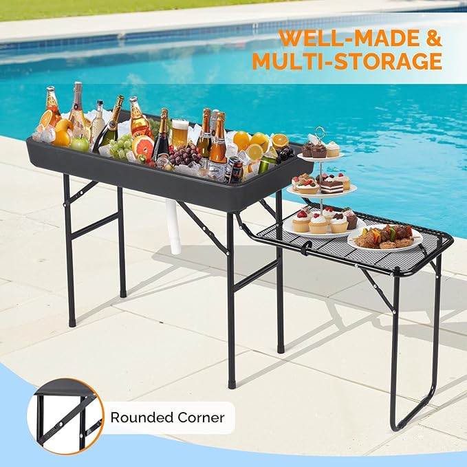 VINGLI Ice Table with Side Table, Portasble Cooler Table with Removable Skirt, Patio Table, Indoor & Outdoor Bar for Events, Parties and Camping Black