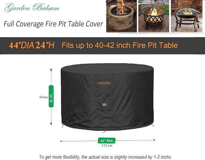 Fire Pit Cover 600D Heavy Duty Waterproof Fabric With PVC Coating Round 44" Dia x 24" H Black Fits 40-42 inch Fire Pit Table Fade Resistant Outdoor Firepit Cover