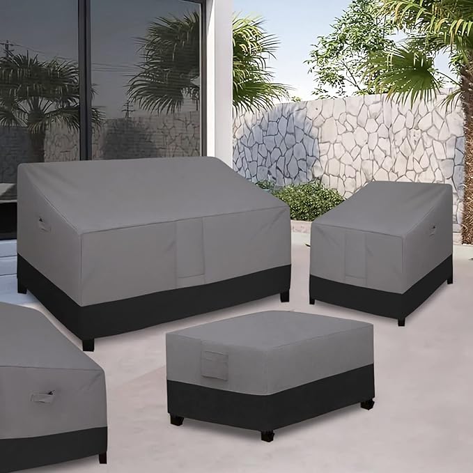Easy-Going Patio Coffee Table Cover Small Outdoor Rectangular Table Cover, UV Resistant Waterproof Patio Furniture Ottoman Cover (42" Lx24 Wx16 H, Gray/Black)