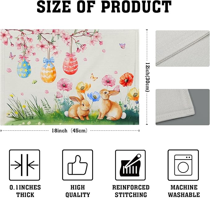 Giwawa Easter Placemats Set of 4 Spring Bunny Rabbits Flowers Place Mat 12x18 Inch Colorful Eggs Tree Floral Table Mats Washable Satin Resistance for Party Kitchen Dining Holiday Decor