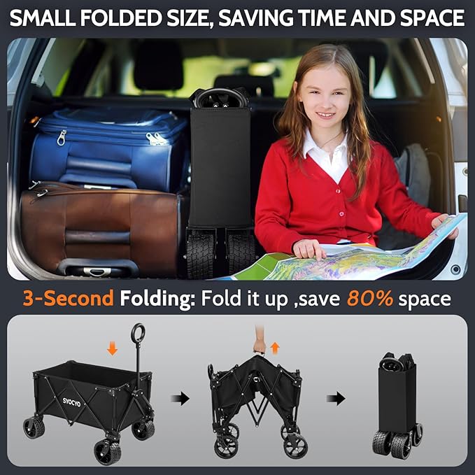 Collapsible Wagon with Big Wheels, Beach Wagons Carts Foldable with All-Terrain Wheels, Large Weight Capacity Heavy Duty Carts with Cup Holders for Camping, Garden, Sports, Grocery, Carbon Black