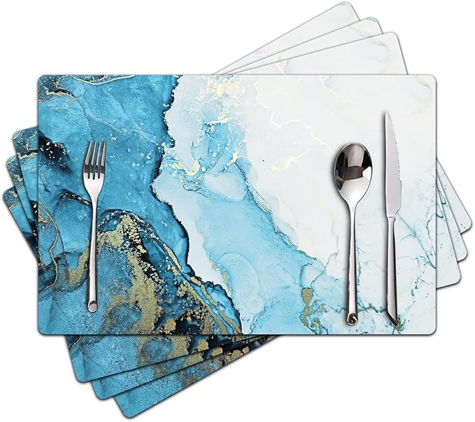 Marble Placemats Set of 4 - Faux Leather Heat Resistant Placemats for Dinner Table, Non-Slip Waterproof Oil-Proof Washable Reusable Placemat for Indoor Outdoor Kitchen Decor, 15.75In*11.81In