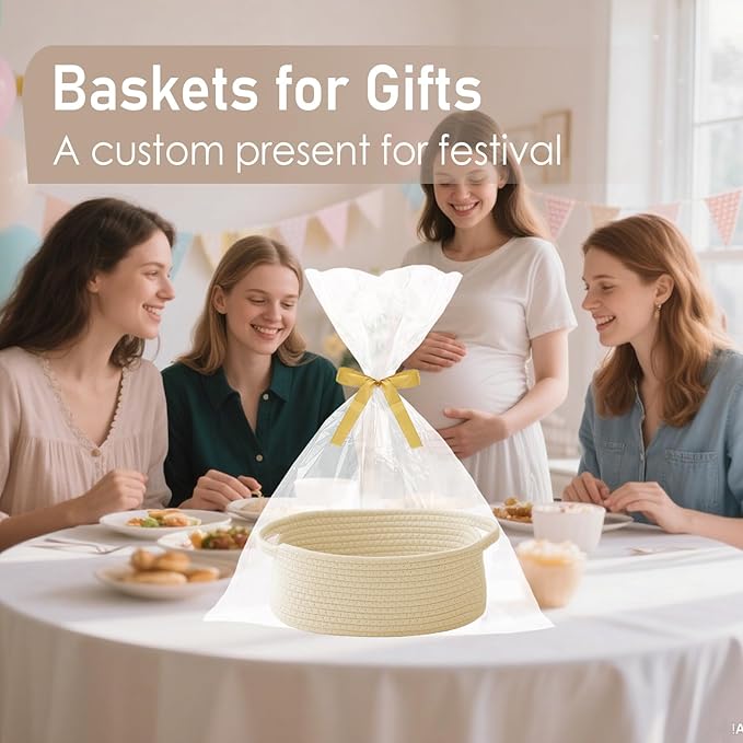 Woven Basket,Small Rope Storage Bin with Handles & Ribbon Bag, Organizer for Shelves Closets,Gift Basket Empty for Birthday,Books,Dog Toys,Beige/3 Pack