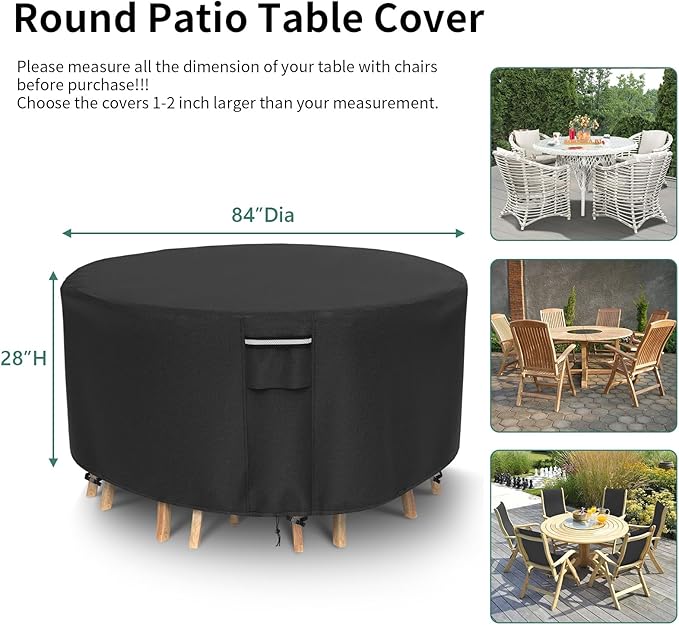 Round Patio Furniture Covers, 500D Heavy Duty Waterproof UV Resistant Cover for Round Outdoor Dining Table & Chairs,84" Dia x 28" H -Black