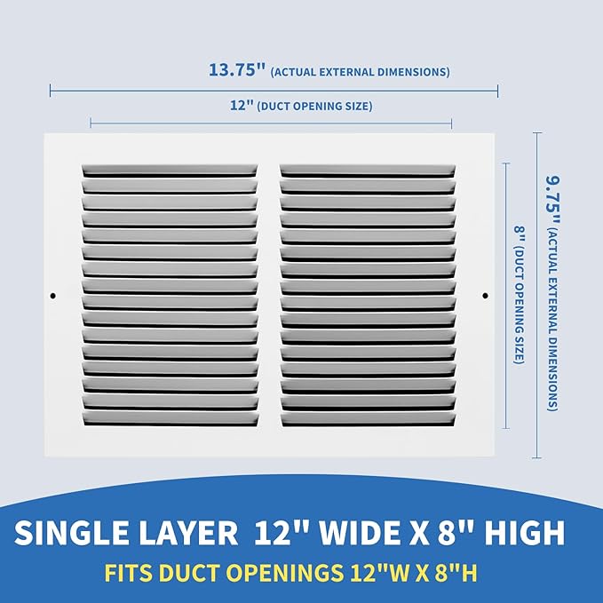 12x8 Vent Cover (Duct Opening Size), Air Return Vent Cover, AC Vent Cover, Cold Air Return Vent Cover, Flat Return Air Grilles, Outer Dimensions:13.75"W x 9.75"H (12"W x 8"H, Duct Opening)