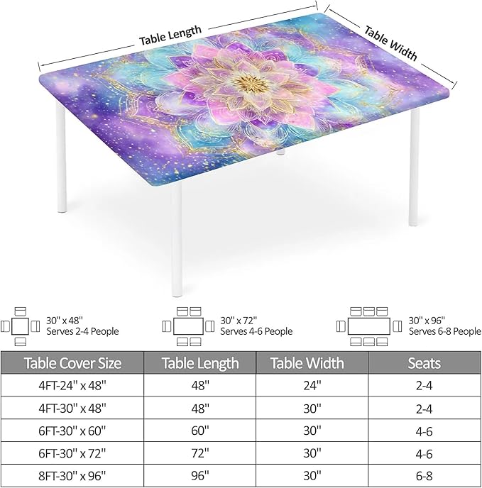 Rectangle Table Cloth Cover Waterproof Elastic Fitted Polyester Fitted Tablecloths for 6 Foot Tables for Indoor,Picnic, Camping, Outdoor （60" x 30"，Datura）