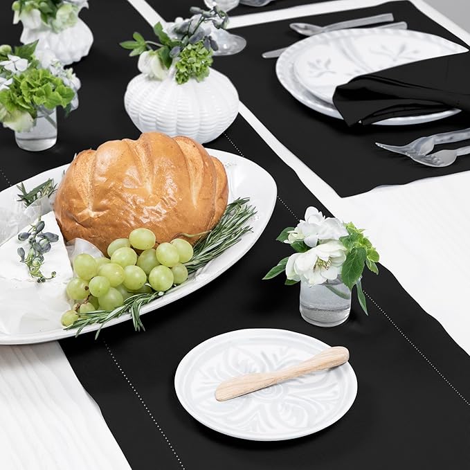 Solino Home Linen Black Table Runner 120 Inches Long - 100% Pure Linen 14 x 120 Inch Table Runner for Spring, Easter - Classic Hemstitch