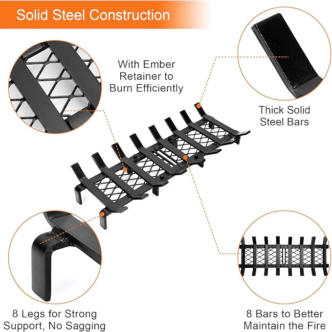 24" Fireplace Grates with Ember Retainer,Fireplace Wood Holder for Inside Fireplace, Fireplace Log Grate for Wood Stove