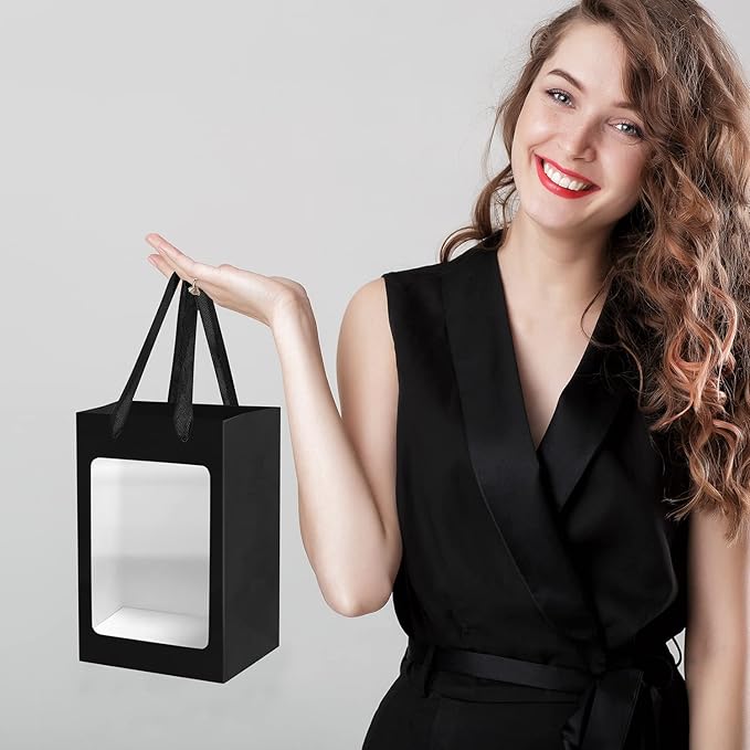 40 Pcs Black Paper Gift Bags with Transparent Window, 9.84"x7.0"x5.12" Kraft Shopping Bags with Handles for Bouquet Christmas Birthdays Festivals Party Weddings Wrapping