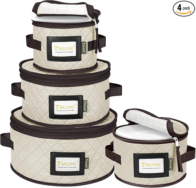 BALEINE China Storage Containers, Soft Shell Case for Organizing, Stackable Moving Storage Box with Felt Plate Dividers for Dishes, Glasses, Mugs (Plate Set, Cream)