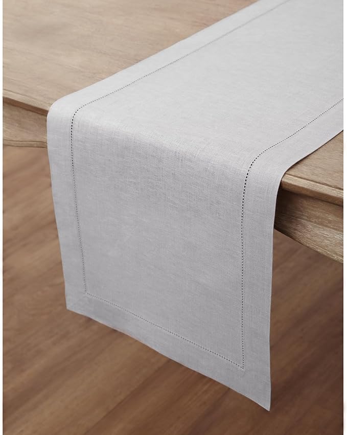 Solino Home Linen Soft Grey Table Runner 132 Inches Long - 100% Pure Linen Extra Long Table Runner 14 x 132 Inch for Spring, Easter - Classic Hemstitch