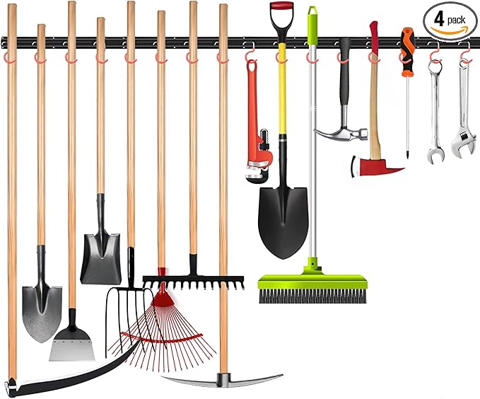 WALMANN All Metal 64 Inch Wall Mount Garden Tool Organizer for Garage, Mop and Broom Holder, Yard Tool Storage Rack for Rake, Shovel, Spade, Mop, Broom(4 Rails, 16 Hooks)