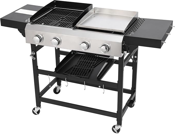 2-Burner Hybrid Grill with Flat Top, 38200 BTU for Backyard & Patio, Perfect for BBQ and Teppanyaki, Features Large Cooking Area & Durable Enamel Construction (2+2 PLANCHA)