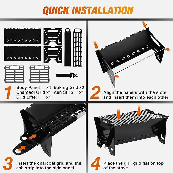 Lineslife 16 Inch Portable Camping Campfire Grill, Heavy Duty Charcoal BBQ Grill FirePit Grills with Stainless Steel Cooking Grate and Carry Bag for Outdoor Camping Backyard Party Cooking