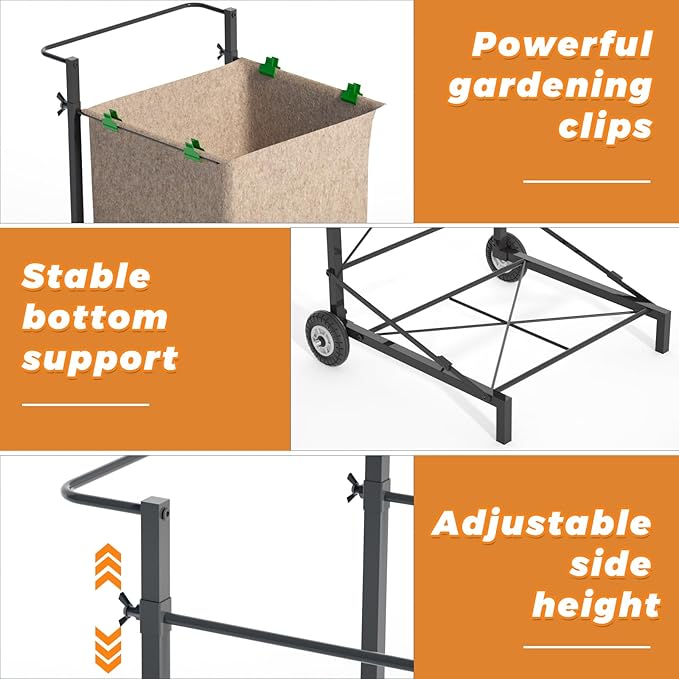 Natheeph Trash Bag Holder - Heavy Duty Metal Outdoor Leaf Bag Holder with Wheel, Adjustable Yard Waste Bag Cart Fits 30-55 Gallon Garbage Bags, Foldable Garden Leaf Bags Stand for Yard Work