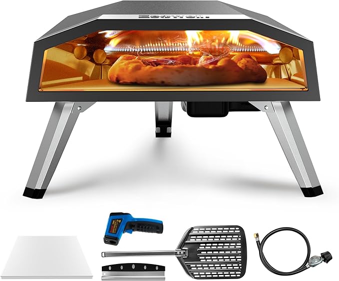 Ecowell Gas Pizza Oven – 12" Pizza Maker with Gas Regulator, Outdoor Energy-saving Propane Pizza Cooker, with Pizza Stone/Peel/Cutter/Infrared Thermometer (12 Inches)