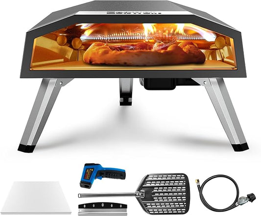Ecowell Gas Pizza Oven – 12" Pizza Maker with Gas Regulator, Outdoor Energy-saving Propane Pizza Cooker, with Pizza Stone/Peel/Cutter/Infrared Thermometer (12 Inches)