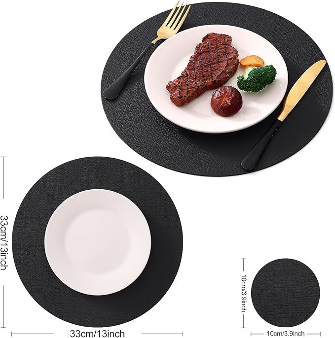 Homaxy Round Faux Leather Placemats and Coasters, Washable Dual-Side Table Mats, Wipeable Heat-Resistant Dining Place Mats for Outdoor and Indoor, Set of 8, Diameter 13 and 3.93 inch, Black