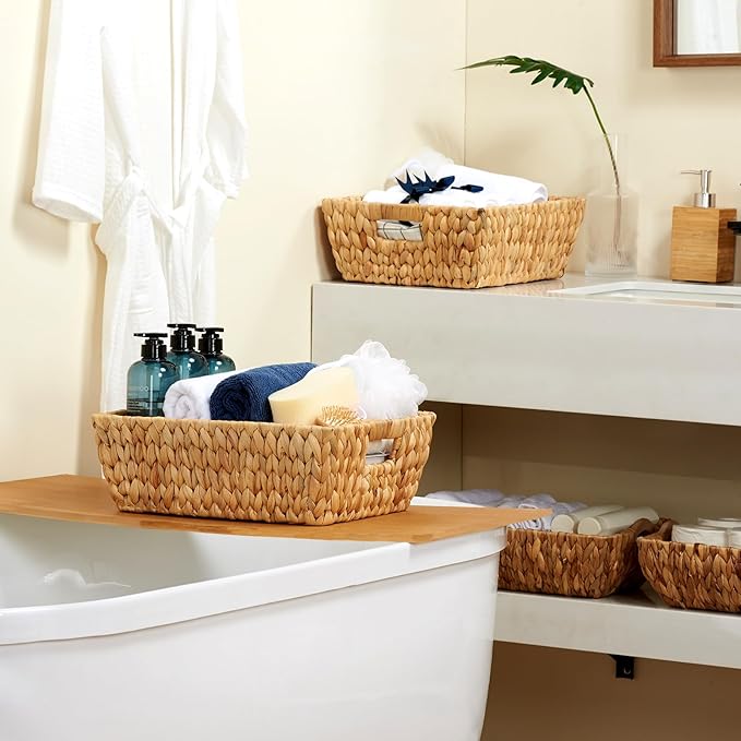 Wicker Baskets 2 Pack, Water Hyacinth Wicker Storage Basket with Handles for Organizing, Handmade Large Baskets, Natural