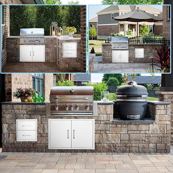 Outdoor Kitchen Drawers Stainless Steel 2-Drawer BBQ Drawer 14" W x 15" H x 23" D Enclosed Built-in Drawer Flush Mount for Outdoor Kitchens & BBQ Islands