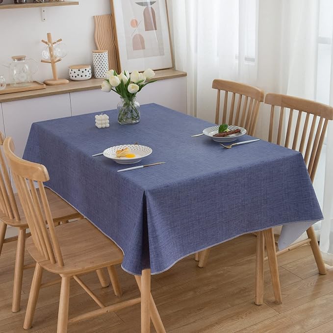 LIBERECOO Vinyl Tablecloth with Flannel Backing, Denim Blue, Waterproof, Stain-Resistant, Easy-Clean Table Cover for Dining, Kitchen, and Outdoor Use, 60" x 120" Rectangle