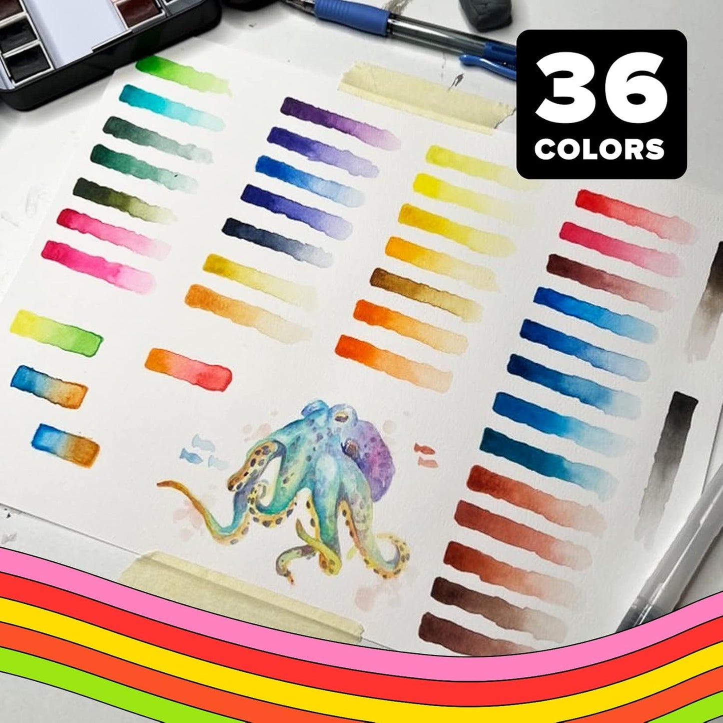 Professional Watercolor Paint Set, 36 Water Colors for Adults, Painting Kit with Palette and Brush Pen, Portable Watercolor Paints for Travel and Art Projects