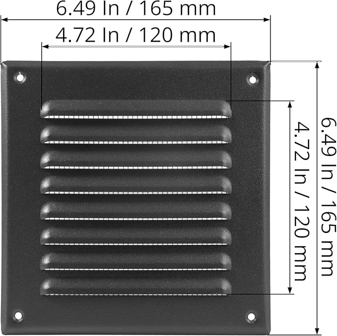 Square Ventilation Grille / 5" x 5" Inch Inside Measurement/Black Metal Air Vent Louver - Inside/Outside use / 6.5" x 6.5" Inch Outer Measurement