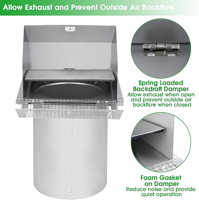 12 Inch Hooded Wall Vent with Screen and Damper,Outdoor Wall Exhaust Vent Cover Cap for Exterior HVAC Duct Industrial Facilities Kitchen Range Hood Dryer Ventilation and Air Exhaust,Stainless Steel