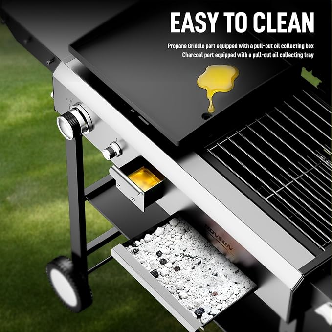 ROVSUN 2-in-1 Propane Gas Grill and Charcoal Grill Combo with Lid, 12000BTU Flat Top Griddle & Charcoal BBQ Grill with Electronic Ignition, Enamel Griddle & Grate for Outdoor Backyard Cooking Barbecue