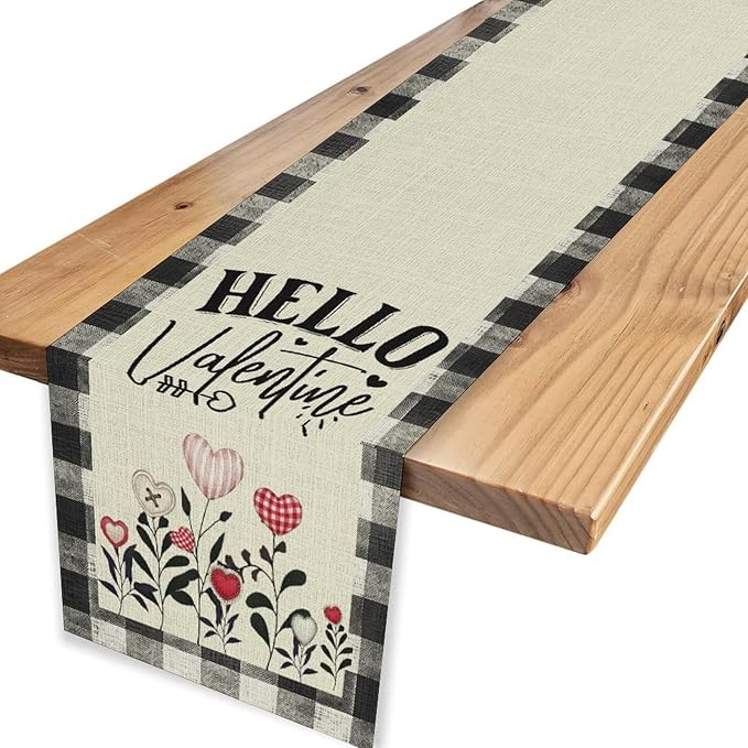 Valentines Day Table Runner,Vintage Rustic Black White Red Heart Buffalo Plaid Table Center Decor for Family Kitchen Living Room Outdoor Farmhouse Party Table Decorations, 13"x90"