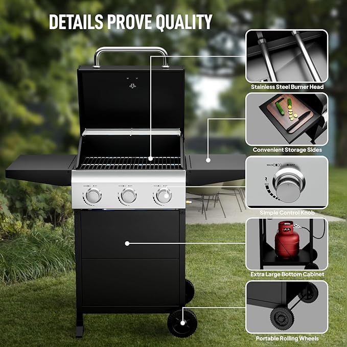 ROVSUN 3-Burner Propane Gas BBQ Grill with Foldable Side Tables & Enameled Cast Iron Grates, 36,000 BTU Barbecue Grill with Portable Wheels for Outdoor Patio Backyard Cooking Grilling, Black
